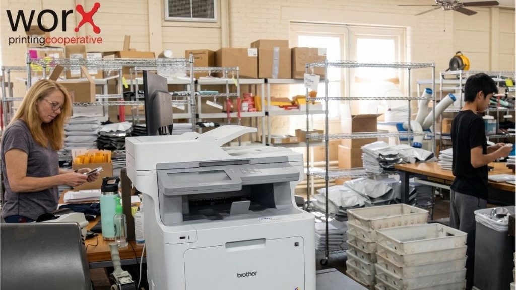 Trabajadores en los talleres de Worx Printing Co-op.